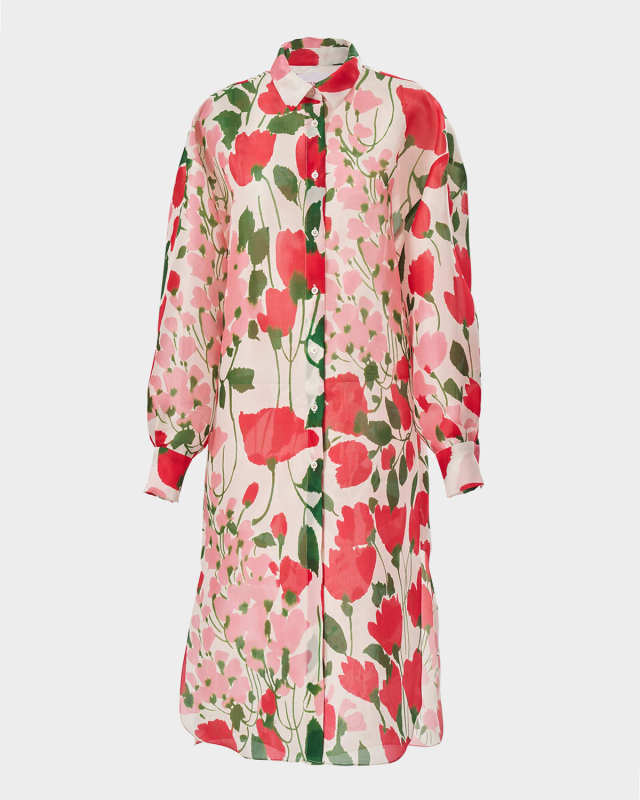 Rose Print Oversized Self-Belt Midi Shirt Dress